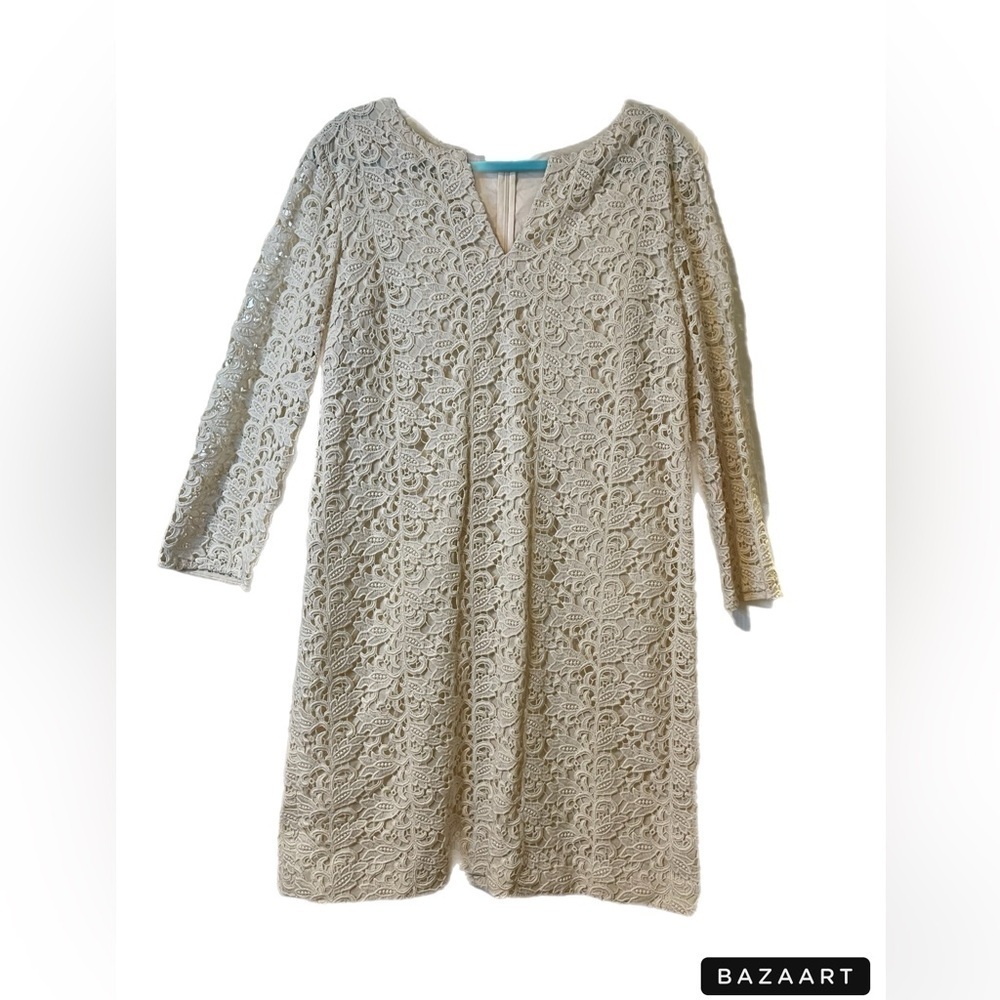 Talbots beige lace dress with slit neck. Body lined, sleeves open. Size 16 GGG